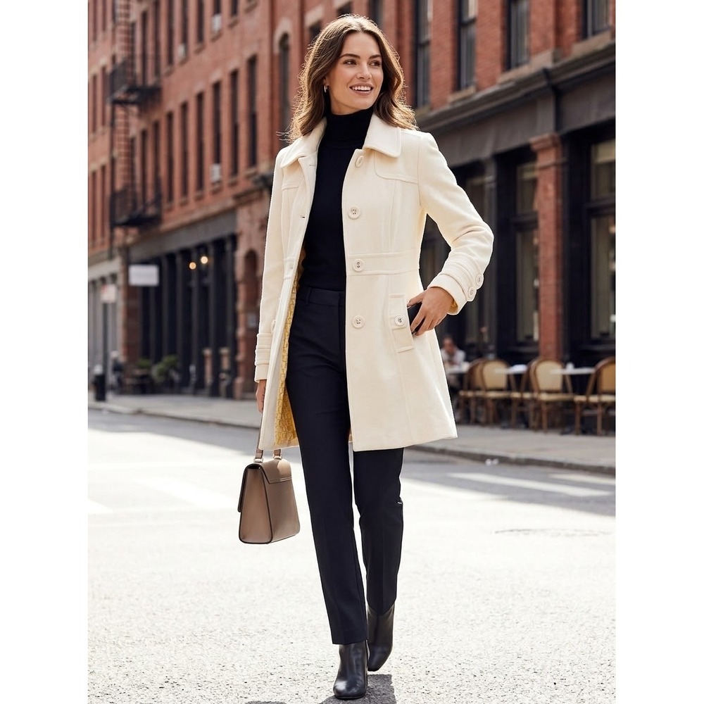 Tulle Cream Wool Blend Button Front Trench Coat Jacket Yellow Lining Size L